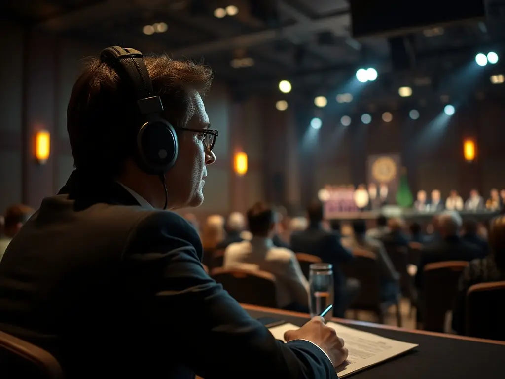 An image of an interpreter at a conference, facilitating communication between speakers and attendees, representing real-time interpretation services.