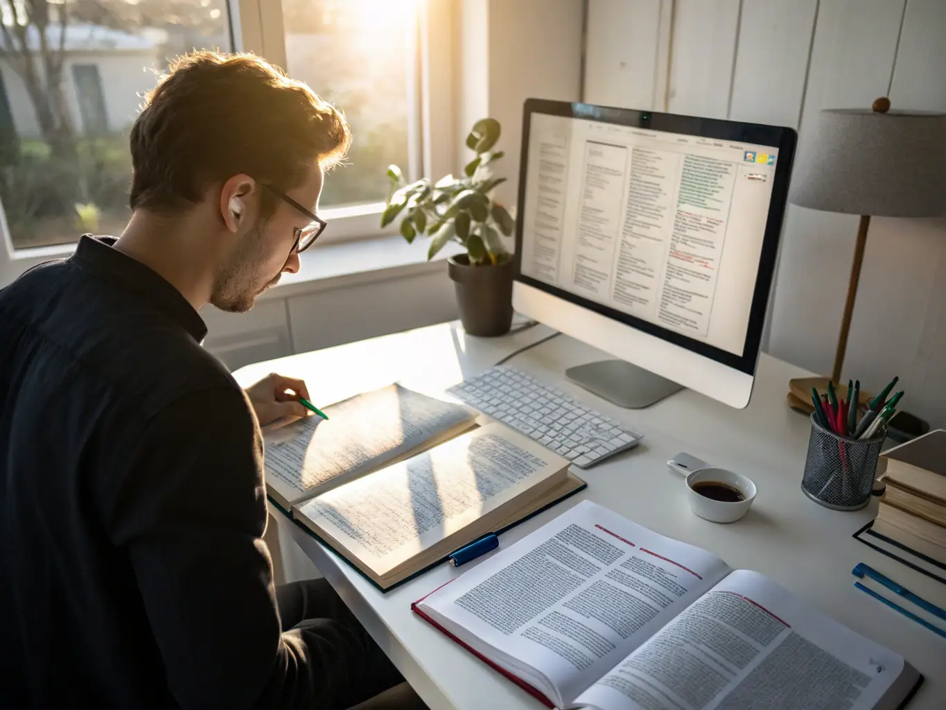 An image showcasing a translator working on a document with multiple language flags in the background, symbolizing global communication and translation services.